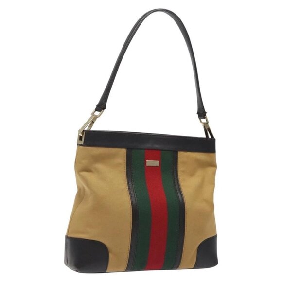 GUCCI Web Sherry Line Shoulder Bag Canvas Beige Gold 001 4231 Auth bs25687 - Picture 1 of 16